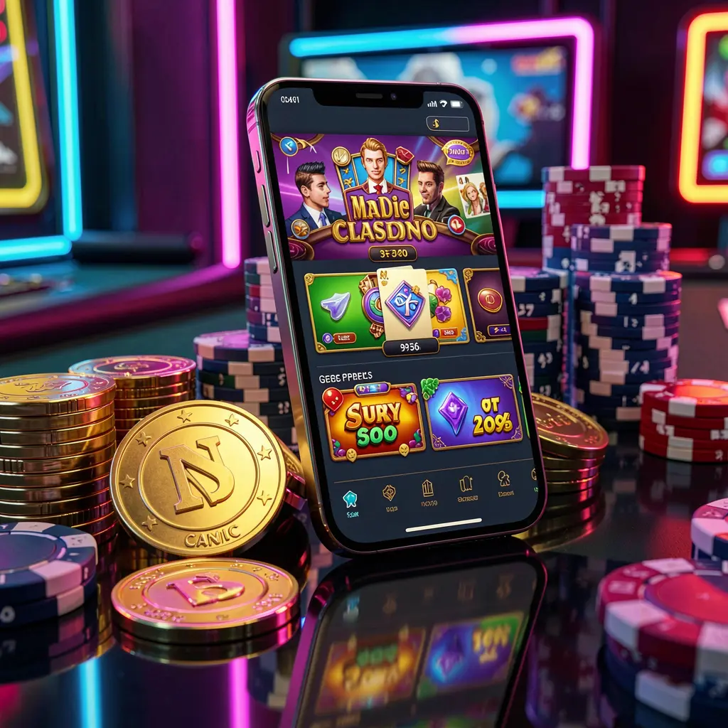 X71 mobile casino dashboard on smartphone displaying colorful gaming interface with golden coins and poker chips on glossy table under elegant neon lighting X71 mobile casino dashboard on smartphone displaying colorful gaming interface with golden coins and poker chips on glossy table under elegant neon lighting