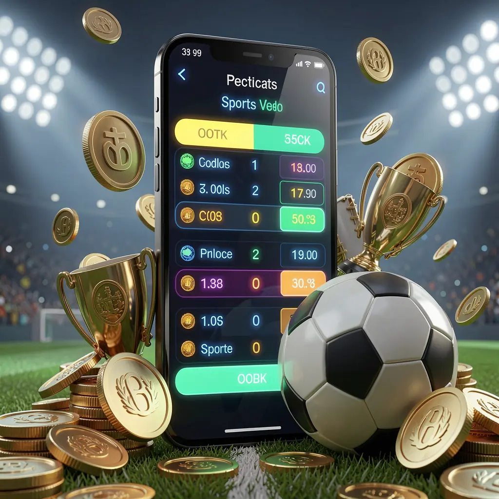 X71 modern football betting visual featuring a smartphone displaying glowing sports odds interface with a soccer ball, golden coins, and stadium lights in a premium 3D illustration X71 modern football betting visual featuring a smartphone displaying glowing sports odds interface with a soccer ball, golden coins, and stadium lights in a premium 3D illustration