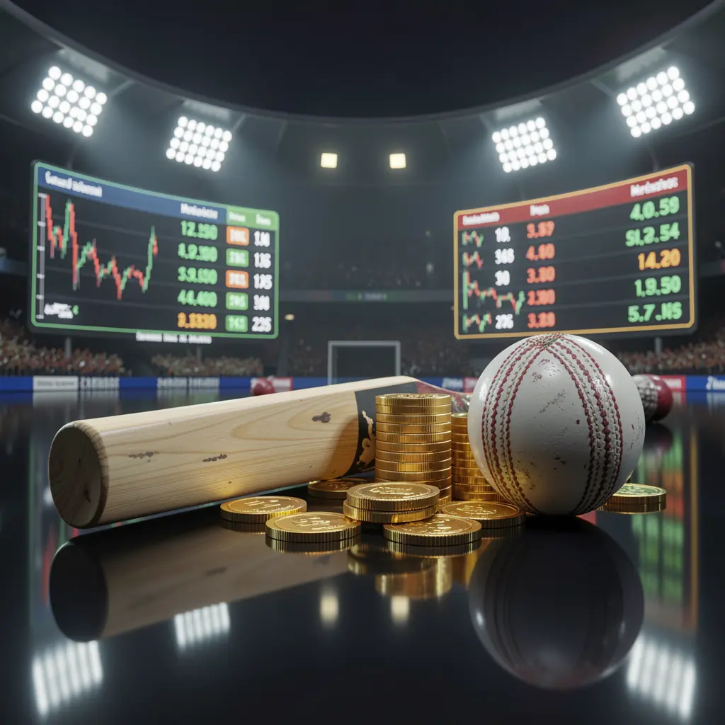X71 premium sports betting image featuring a cricket bat on a glossy dark surface with a cricket ball, golden coins, glowing match statistics, and stadium lights in a realistic 3D render X71 premium sports betting image featuring a cricket bat on a glossy dark surface with a cricket ball, golden coins, glowing match statistics, and stadium lights in a realistic 3D render