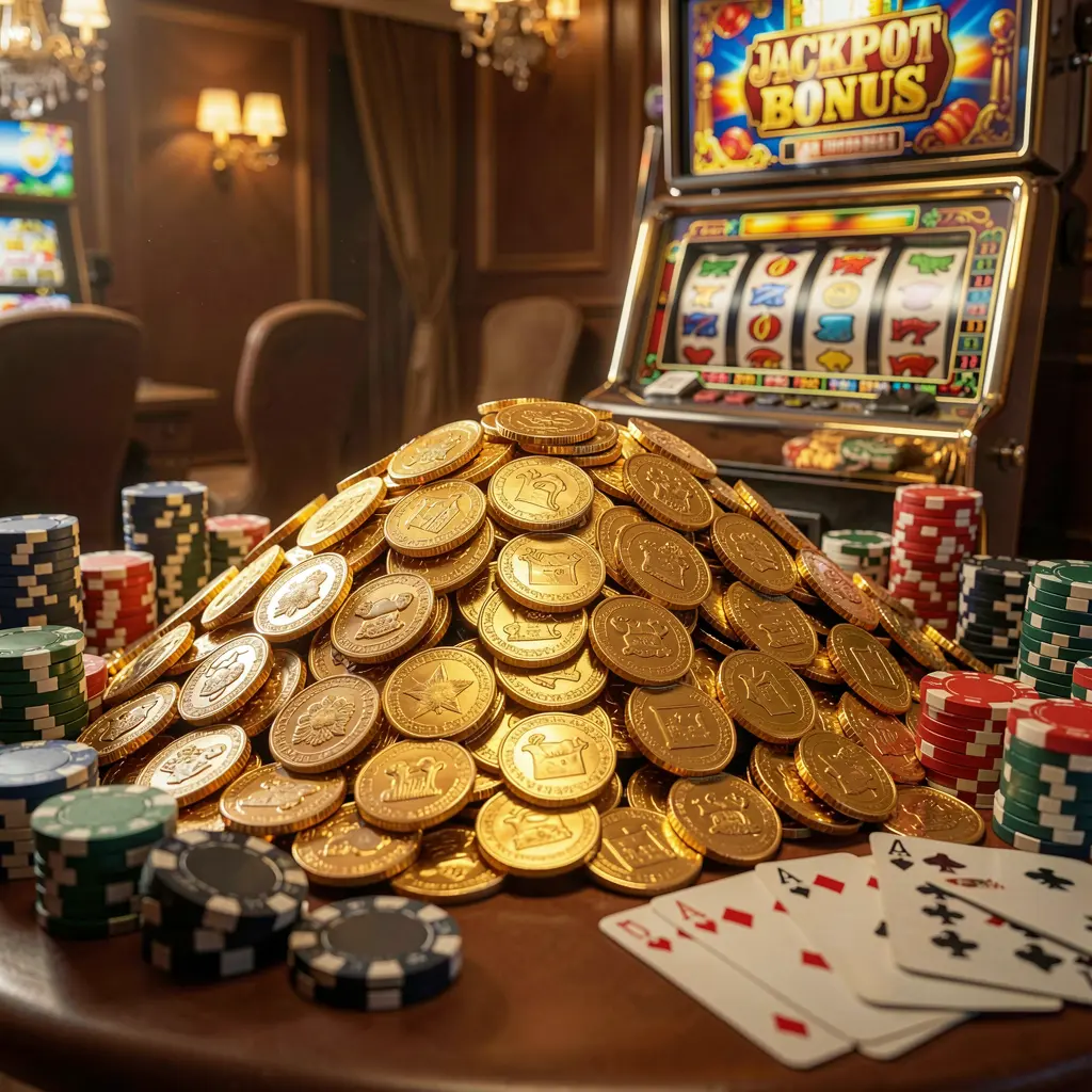 X71 jackpot bonus scene featuring a huge pile of golden coins, a slot machine in the background, poker chips, and playing cards illuminated by cinematic luxury lighting