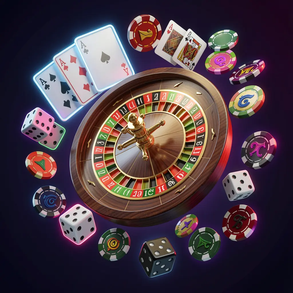 X71 online casino games collection featuring a neon glowing roulette wheel, blackjack cards, dice, slot symbols, and poker chips floating together in a premium 3D render X71 online casino games collection featuring a neon glowing roulette wheel, blackjack cards, dice, slot symbols, and poker chips floating together in a premium 3D render