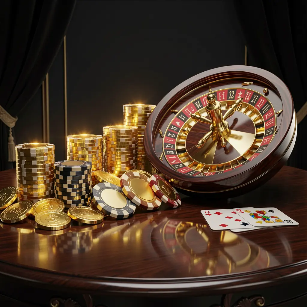 X71 premium online casino banner featuring golden coins, glowing chips, a roulette wheel, and cards on a glossy table with an elegant dark background in a high detail realistic 3D render X71 premium online casino banner featuring golden coins, glowing chips, a roulette wheel, and cards on a glossy table with an elegant dark background in a high detail realistic 3D render